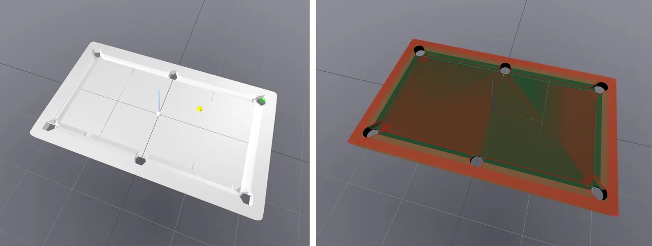 Two renders of the pool table: on the left, the convex decomposition of the CAD model with coarse pockets; on the right, collision primitives overlaid on the CAD model.
