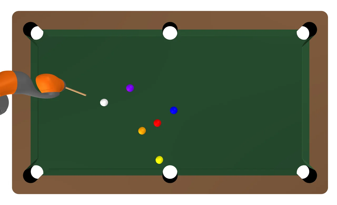 Top view of the simulated pool table with the iiwa arm and cue on the left, the cue ball, and purple, blue, red, orange, and yellow balls scattered across the table.