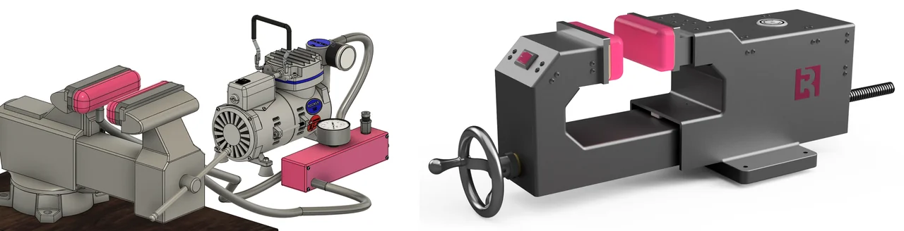 Two CAD renders: on the left, pink jamming pouches mounted on a standard bench vise with a separate air compressor and pink control box; on the right, the final integrated dark grey vise with pink pouches, a handwheel, and a built-in control panel.